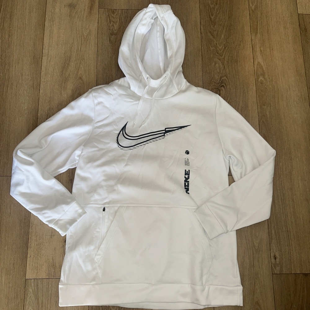 Nike Therma-Fit Hoodie Mens Large White Pullover‎ Fleece Swoosh Graphic Logo